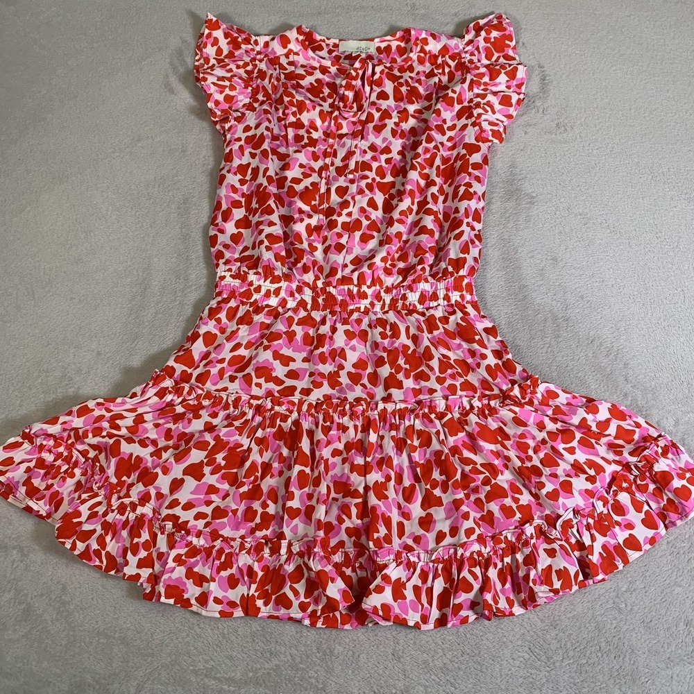 PINCH Dress Womens Medium Pink Red Heart Print Ruffle Hem Flutter Sleeve Lined